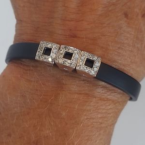 3 Silver Sparkling Square Crystal Charms on Black Silicone Bracelet 925 Sterling